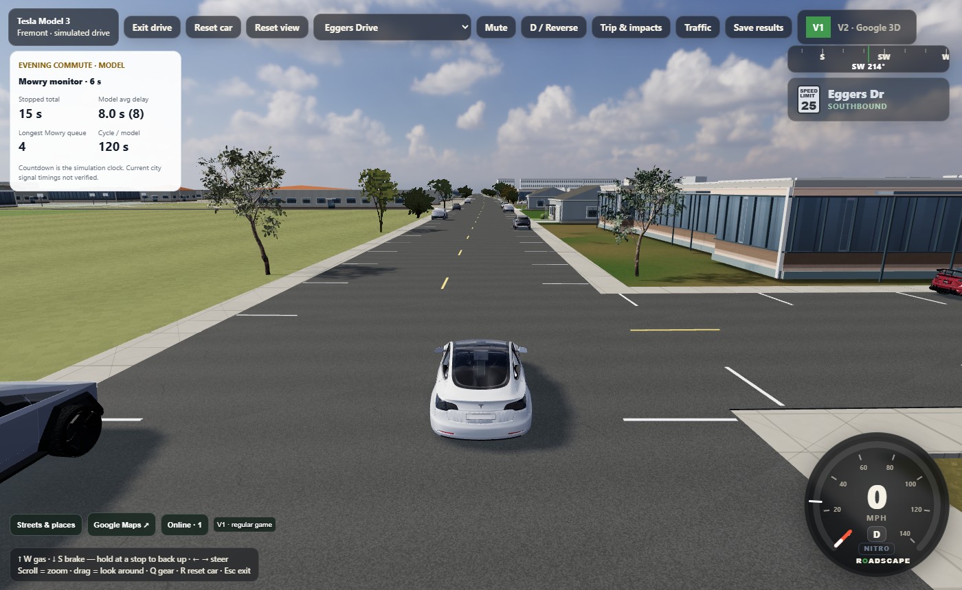 Roadscape V1 gameplay: Fremont storefronts and a drivable car
